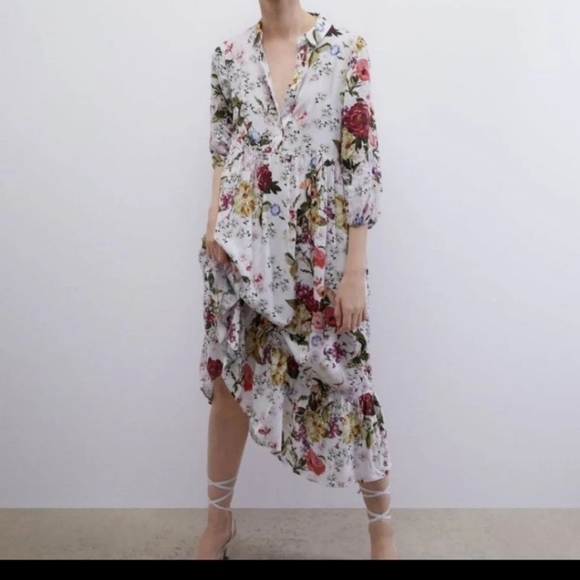 Zara Dresses & Skirts - Zara floral print semi sheer button front tired skirt dress